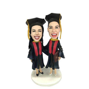 Laughing Female Graduates In Black Gowns And Red Ribbons Custom Graduation Bobblehead Gift