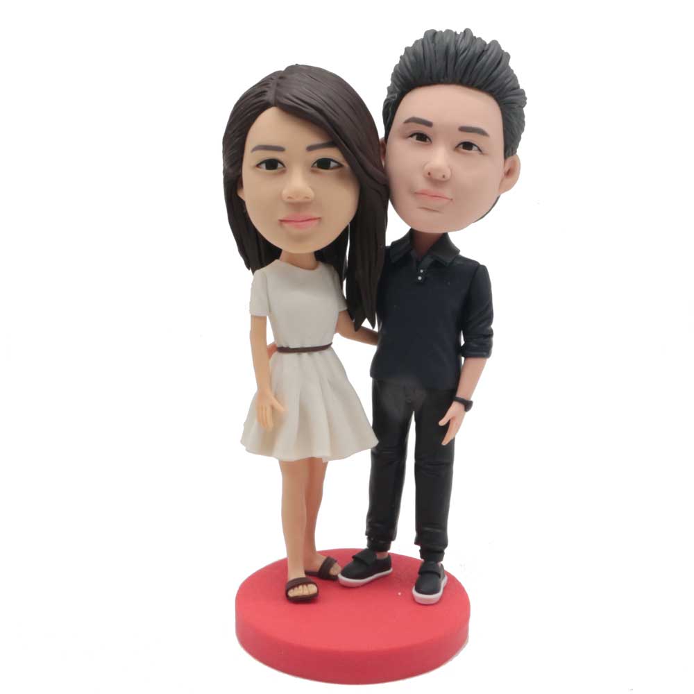 Stylish Couple In White Dress And Black Shirt Custom Couple Bobblehead