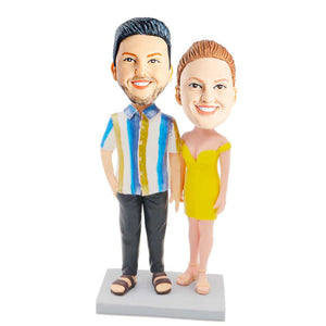 Stylish Couple In Strapless Dresses And Striped Shirts Custom Couple Bobblehead