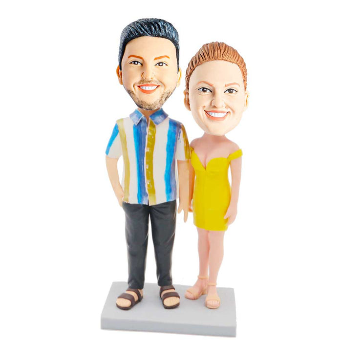 Valentine Gifts -Stylish Couple In Strapless Dresses And Striped Shirts Custom Couple Bobblehead