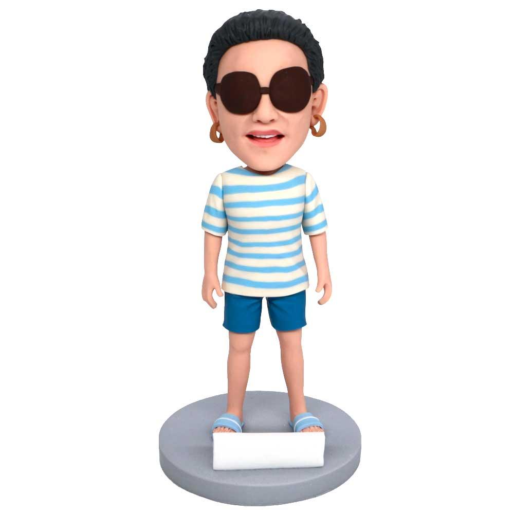Stylish Female In Blue Striped T-Shirt Custom Figure Bobbleheads