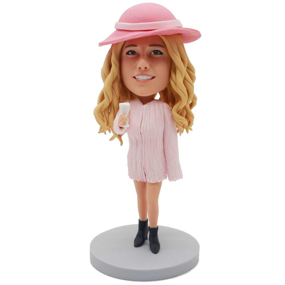 Stylish Female In Pink Fur Coat Custom Figure Bobblehead 