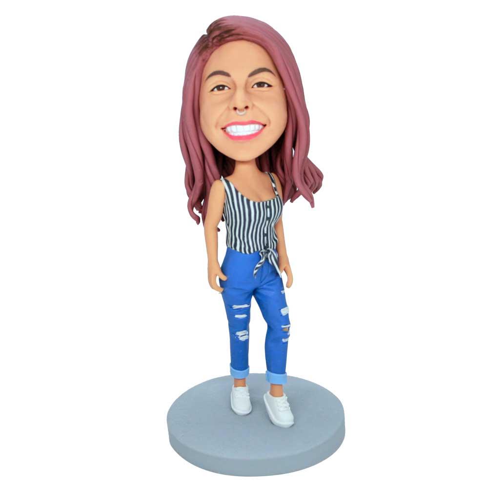 Stylish Female In Striped Suspenders Custom Figure Bobbleheads