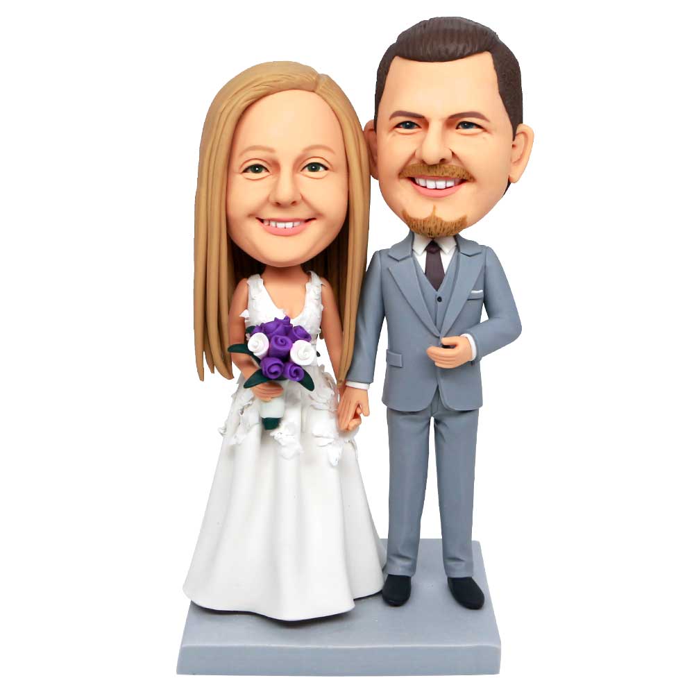 Sweet Couple Holding Purple Flowers Custom Wedding Bobbleheads Cake Topper