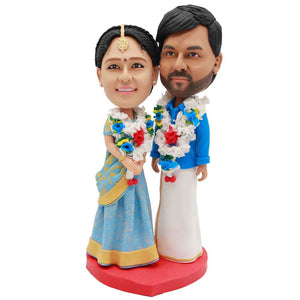Valentine Gifts - Custom Indian Wedding Bobbleheads In Beautiful Clothes And Garlands