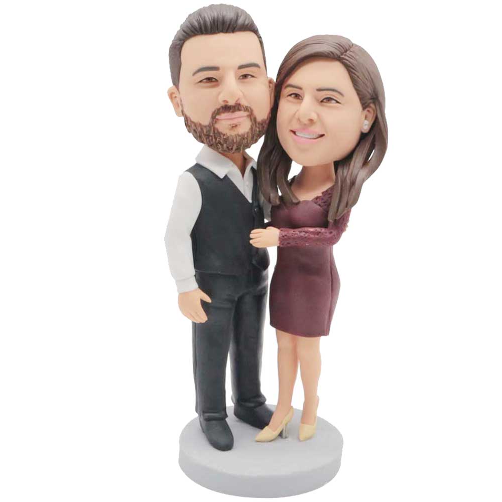 Sweet Couple In Crimson Dress And Black Suit Vest Custom Figure Bobblehead