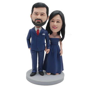 Sweet Couple In Dark Blue Dress And Suit Custom Couple Bobblehead