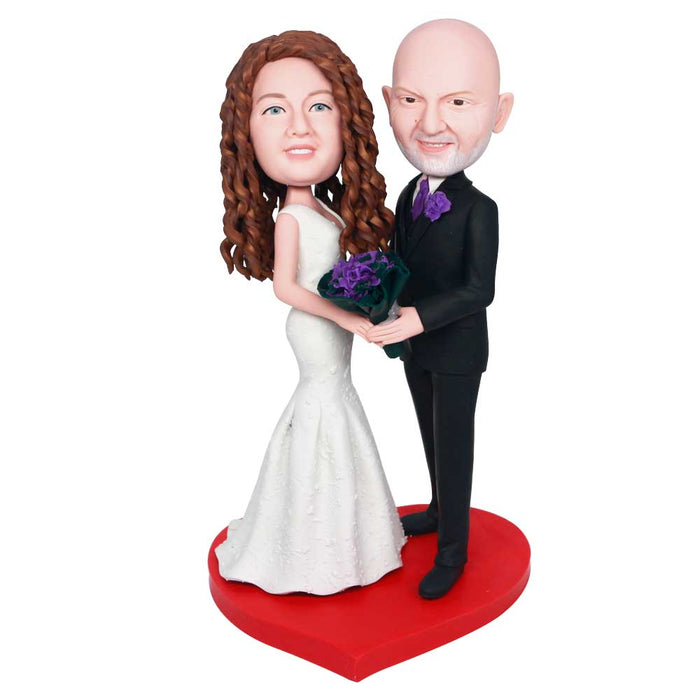 Sweet Couple In Wedding Dresses And Suits Holding Purple Flowers Custom Figure Bobbleheads