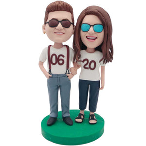 Sweet Couple In White T-shirt With Number 06 And Number 20 Custom Figure Bobbleheads