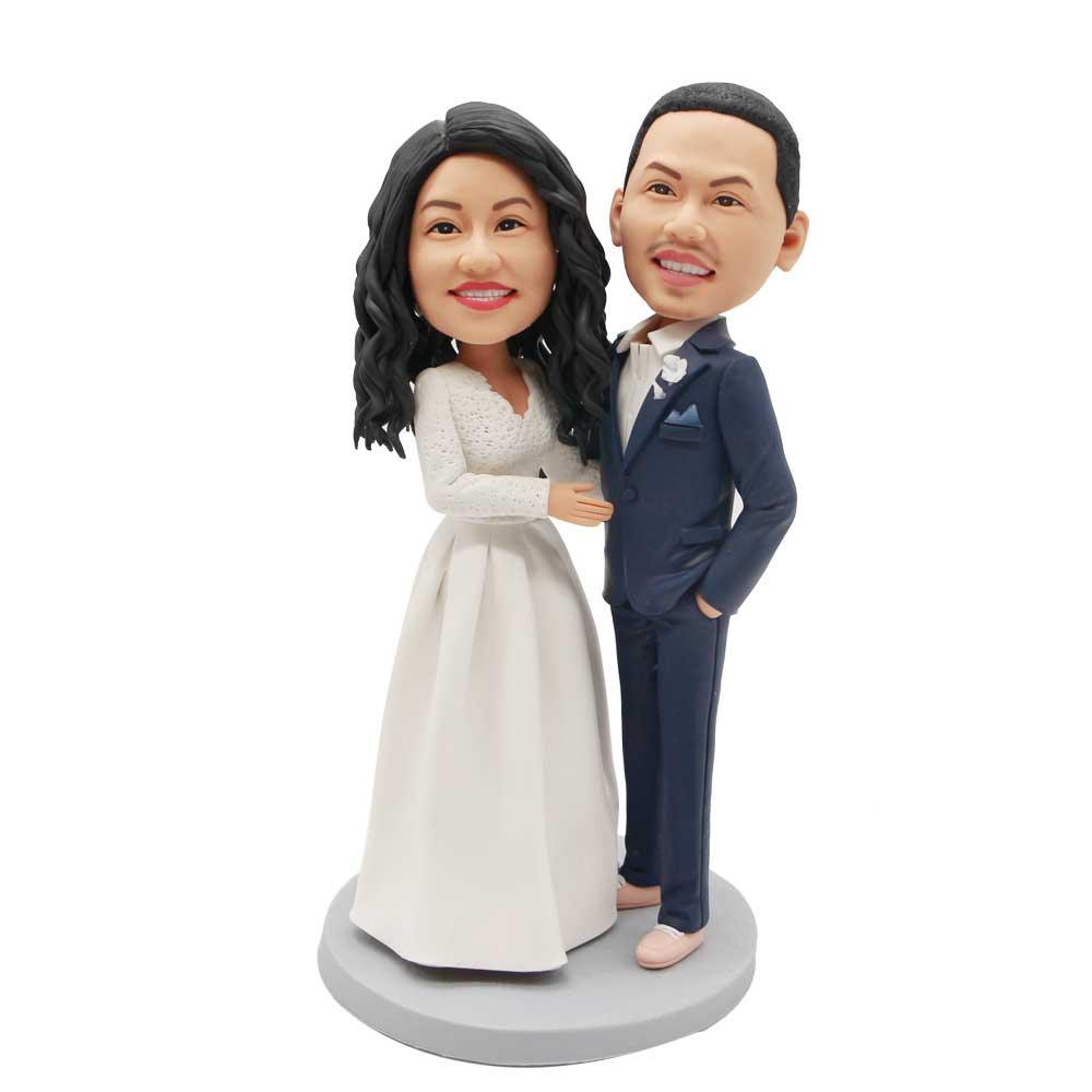 Sweet Couple In White Wedding Dress And Dark Blue Suit Custom Wedding Bobblehead