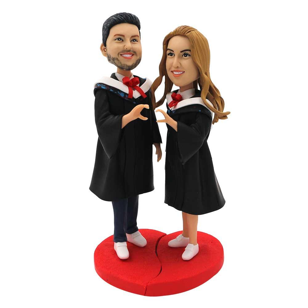 Sweet Graduates Couple In Black Gown Custom Graduation Bobblehead