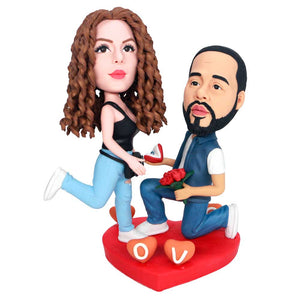 Sweet Proposal Couple Holding Rings And Flowers Custom Figure Bobbleheads
