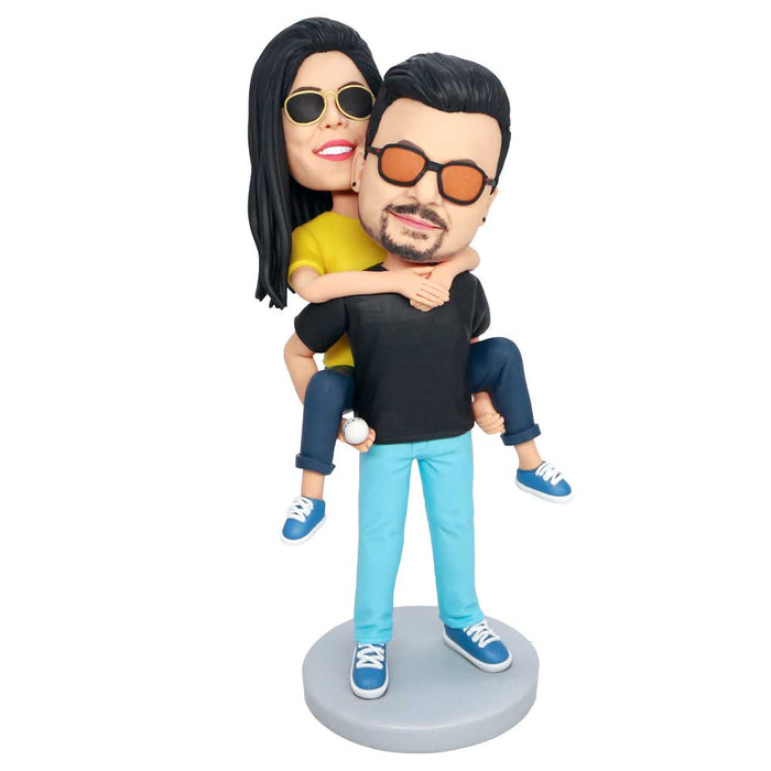 Valentine Gifts - Boyfriend Carrying Girlfriend Couple In Black Clothes Custom Couple Bobbleheads